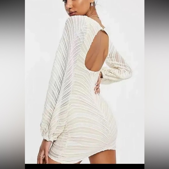 London Ivory Striped Sequin Gathered Sleeve Mini Dress - Picture 3 of 8